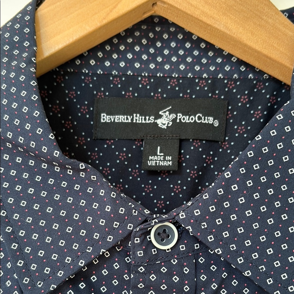 Beverly Hills Polo Club Navy Blue and White Casual Button Down Shirt